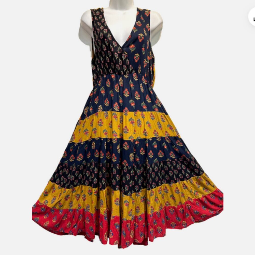 SACRED THREADS patch boho bohemian funky hippy rayon tier DRESS L
